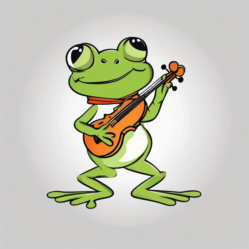 Stylized cartoon mascot, vector flat logo, simple lines, cute cartoon illustration, funny, white backdrop, a frog become a conductor, leading an orchestra, unique ornaments.