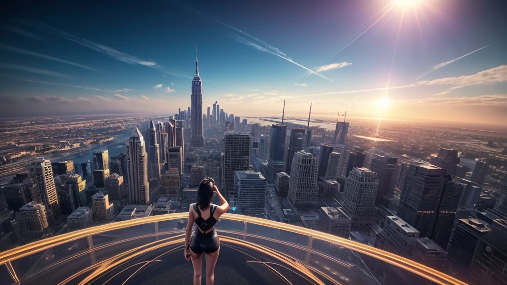 ((An aerial view of a futuristic megalopolis at dark night)), with skyscrapers reaching the clouds and flying cars driving through aerial highways. (1girl, solo, alone, photorealistic), medium-breast:1.1 slim body, cleavage, sexy clothes, (headphone, black sunglasses, medium black hair), (standing and holding pistol pose), (((half-body thigh level medium shot))), cinematic lighting, lens flare, ray tracing.