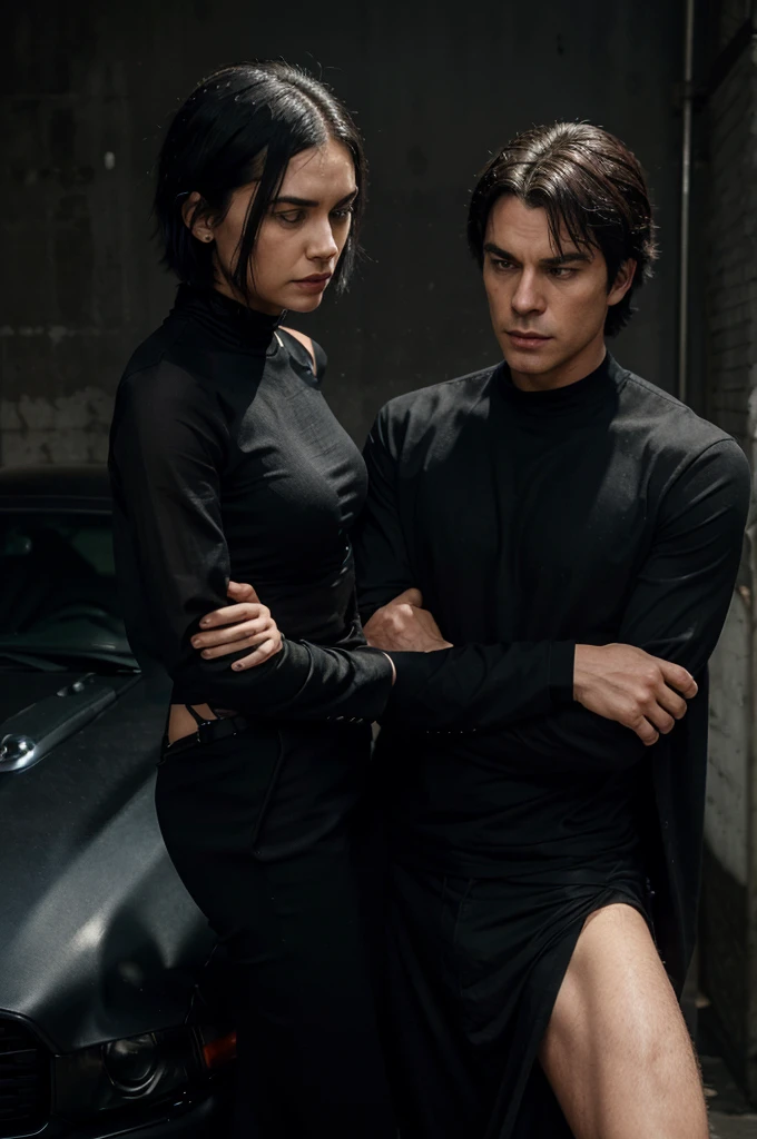 Damon Salvatore a Black hair gothic man and Zara  short hair lady stand beside the black Mustang GT. Damon leans against the car with his arms crossed, sweat trickling down his forehead as he discusses their repair plan. Zara listens intently, wiping sweat from her brow, nodding as she takes in the details. Their clothes cling to their bodies in the intense heat.
