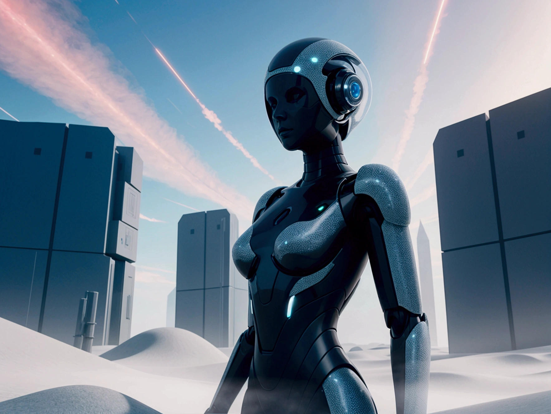 Images depicting digital or futuristic landscapes, A human, presumably a 3D rendered figure, is looking down on it., Symbolizing the exploration of AI-generated content. You can also highlight the AI aspect with vibrant colors and digital motifs..