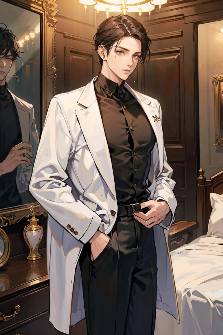 anime - (masterpiece), best quality, seductive eyes, perfect face, handsome man, brown eyes, long slicked back black hair, long nose, tan brown skin, volleyball jersey, black fitted pants, extremely tall man, long legs, long calves, full body, tall man, long legs, anime cover, 1boy, ear piercings, hands in pockets, adult-like look, professional look, ceo-like look, luxury interior background