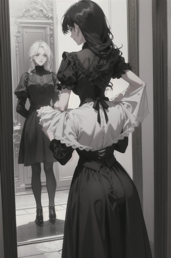 midjourney, ((best quality)), ((masterpiece)), (detailed), male and female infront of a mirror in gothic dark academia attires. Black and white, vintage art. From behind. Faces not visible. 