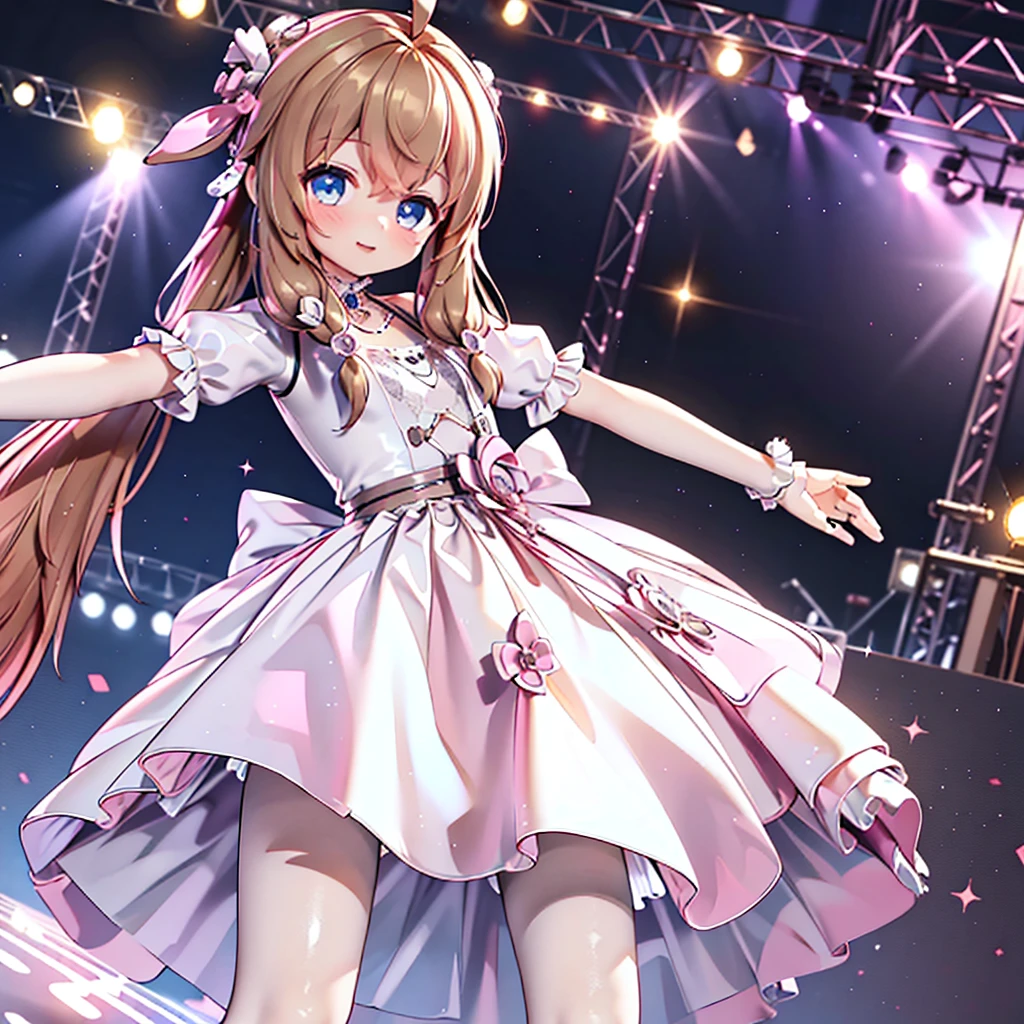 Solo girl, comical, kawaii, Blue eyes, light brown hair, back high twintails, front braids, princess dress, smile, front view, dance at the stage, neon and led lights, posing, sexy, high-resolution image, masterpiece, high quality, attractive eyes, ((dutch angle))
