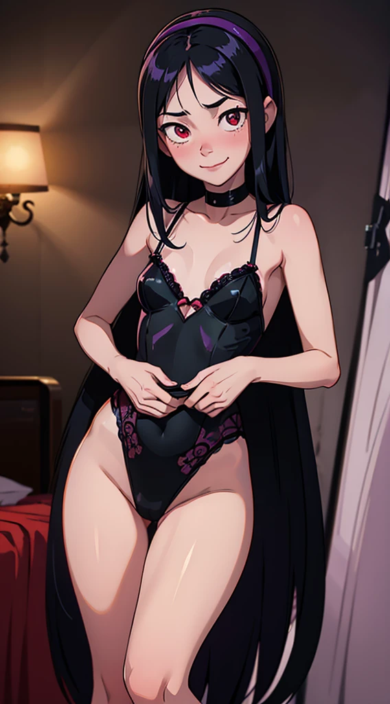 (((masterpiece))), HD 4k res image, no blur, Violet Parr possessed by perverted spirit, horror theme, in a creepy bedroom, night, smile, pleasure face, satisfied, glowing evil red eyes, long black hair, hairband, slender con body, small breast, hntai, nsfw, , sweating, blushing, revealing lingerie, prostituting, seductive pose