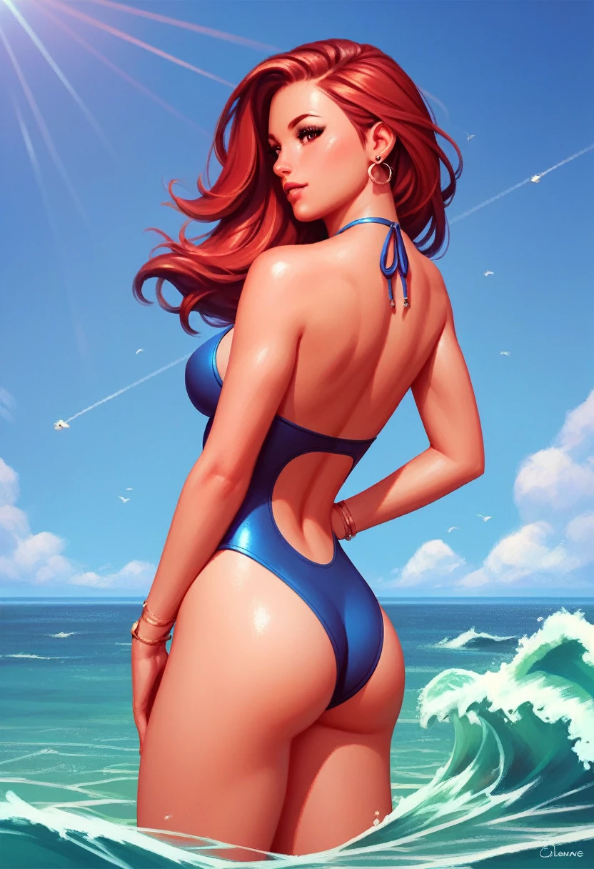 The back of a beautiful woman in a swimsuit waves to a UFO in the distance,Raise your hands excitedly