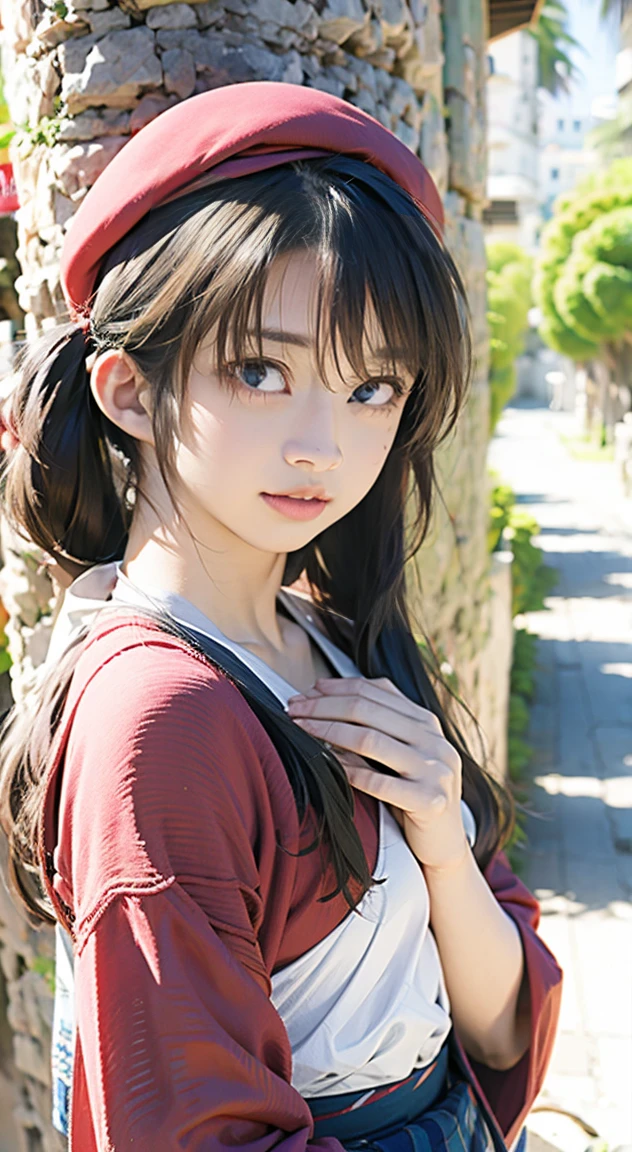 Arabian woman wearing a red beret standing in front of a tree, Portraits inspired by Yuko Tatsushima, Flicker, What it is？, Wearing a beret, wearing a French beret, Chiho, narumi kakinouchi, Yasumoto Oka, Ayaka, Kazami Yuuka, Nishimiya Shoko, Portrait of a Japan teenager