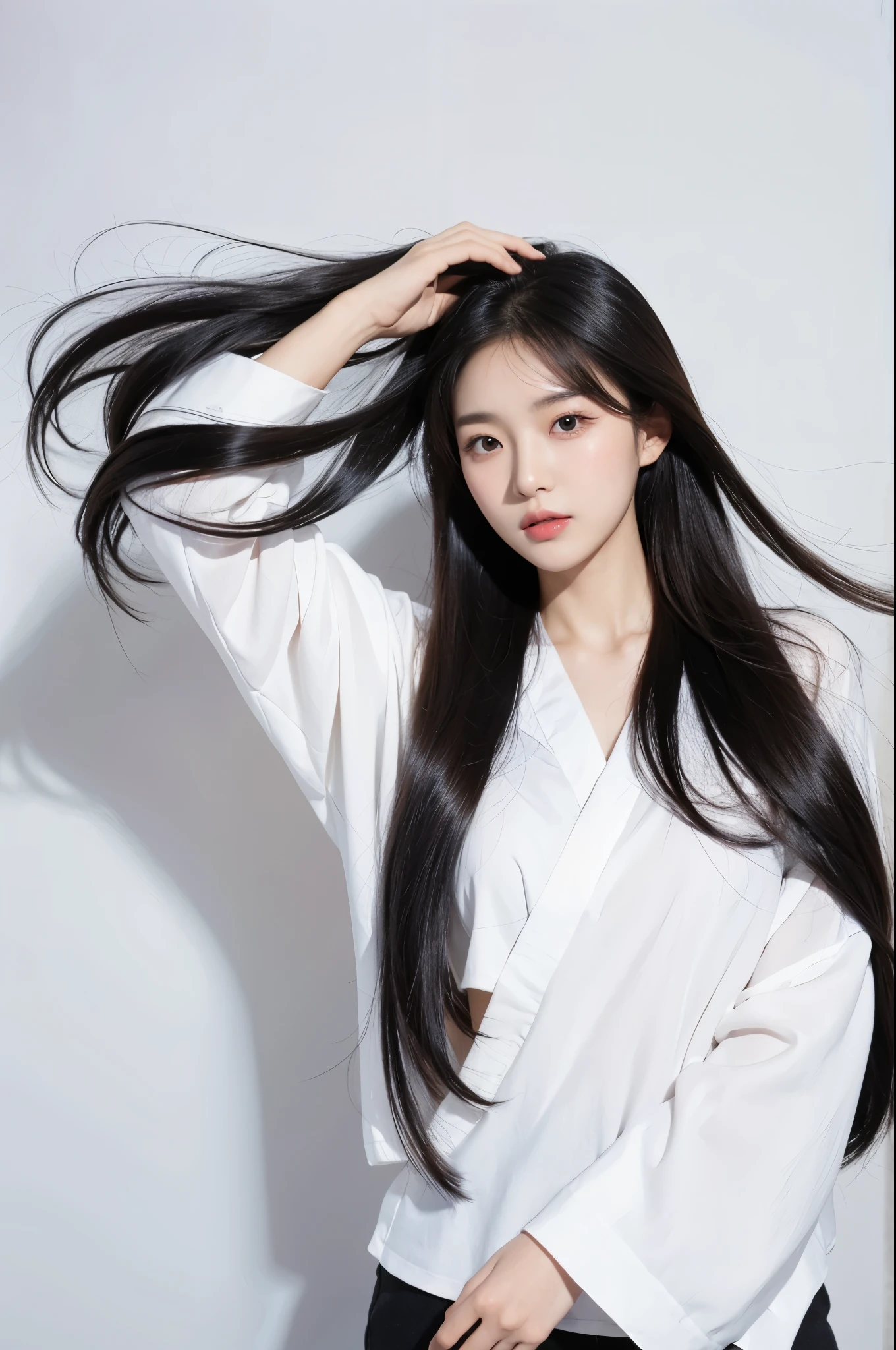 Korean woman long hair white background 