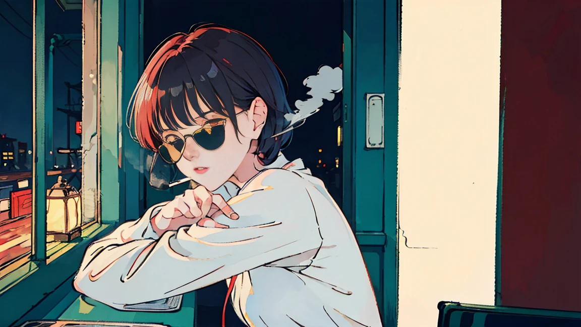 Beautiful redhead Asian girl sitting in a diner at night, Visible from the window, Perfect Face, sunglasses, Smoking white Taylormade cigarettes, Neon Black, (Backlit: 1.1), Hard Shadows, masterpiece, Highest quality, Complex, Model shooting style, Vintage, Film Grain, Incomplete details