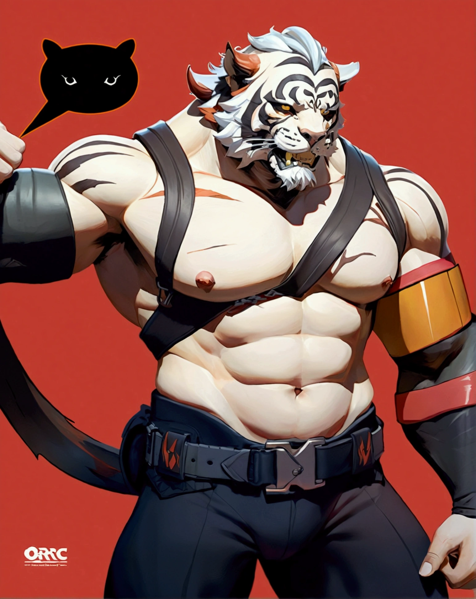 A naked muscular white tiger orc with a belt tied around his body