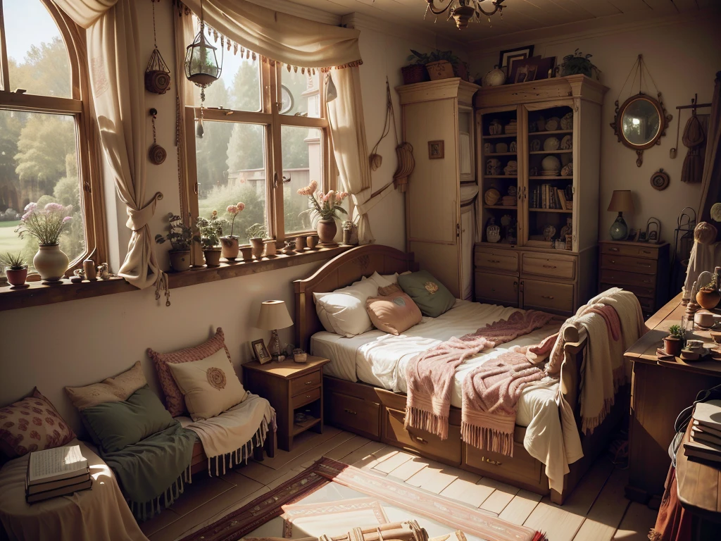 8K picture quality,best quality,masterpiece,HD,Super rich detail,detailed,Princess Lori's warm style room,Green,Cosy bedroom,Big windows,Floor-to-ceiling windows,Queen bed with pillows,clothing,notebook,There is a cabinet next to it,There are bookcases,There is a desk,There are chairs,There are flowers,There is a wardrobe,There was a sofa,There are crosses,There are masks,There are a lot of books,Overall very comfortable,extremely clean,Very informative,Big windows,Outside the window is a large rose garden,Lots of roses,There is also a great view from the window。,超HD逼真,On-site photos,Strong sense of reality