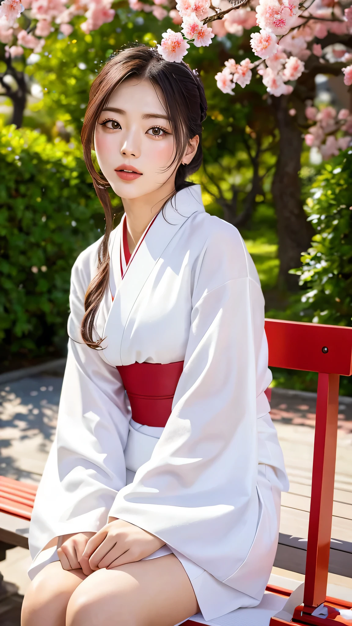 A 20-year-old woman wearing a light-colored kimono sitting elegantly on a bench in the city, classic Japanese kimono style, inspired by Torii Kiyomoto’s work, graceful and traditional appearance, detailed patterns and textures on the kimono, soft and cool color palette, serene and composed expression, traditional Japanese setting with urban elements, delicate cherry blossoms in the background, high attention to cultural details, perfect lighting, masterpiece, best quality, ultra highres, original, extremely detailed
