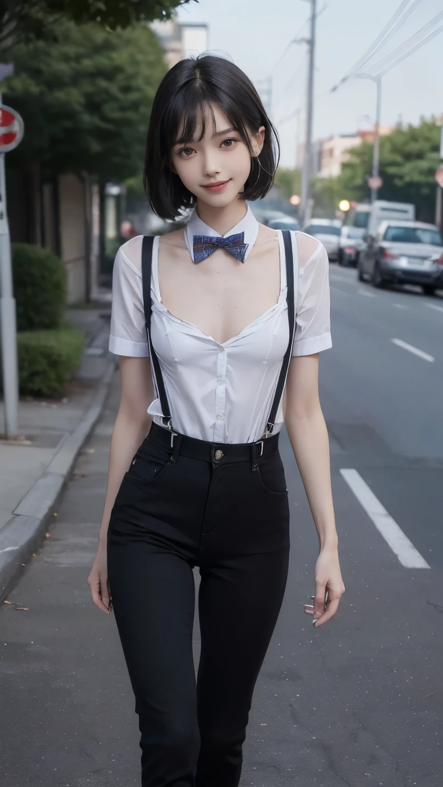 ((Collared shirt, suspenders, pants: )), (Clothes, Skinny jeans, suspenders under Collared shirt, A bow tie: , sneakers), ((In the city), ((A smile, Small breasts, slim, Small ass)), ((Japanese, 1 girl, 18 years old, Ideal body proportions, Black hair, With bangs, Small breasts, Erect nipples, slim, Small ass, Beautiful feet, Slender legs)), Surrealism, Cinematic lighting, (( Anatomically correct)), Textured skin, Super detail, High details, High quality, Awards, Best quality, High resolution, 8K, Front POV