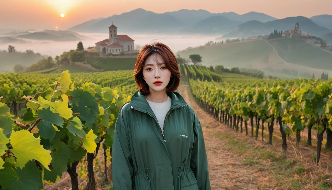 beautiful scenery, 8K Top Quality, Vivid picture quality, 1 woman, Beautiful 36-year-old Korean woman, Chest size 34 inches, Model-level beautiful woman, italian countryside dawn, vineyard, The cathedral can be seen in the distance in a thick fog.. Red sunshine, The background is realistic and vivid quality.., short medium bob hair, thin neck folder , Luxury brand windbreaker jacket, Perfect and realistic photos, The background is realistic.. Full body shot with Canon camera 16-35 wide angle lens, expressionless, 짙은 안개가 자욱한 포도원 언덕에서 vineyard을 내려다 보며,, Walking towards the front camera