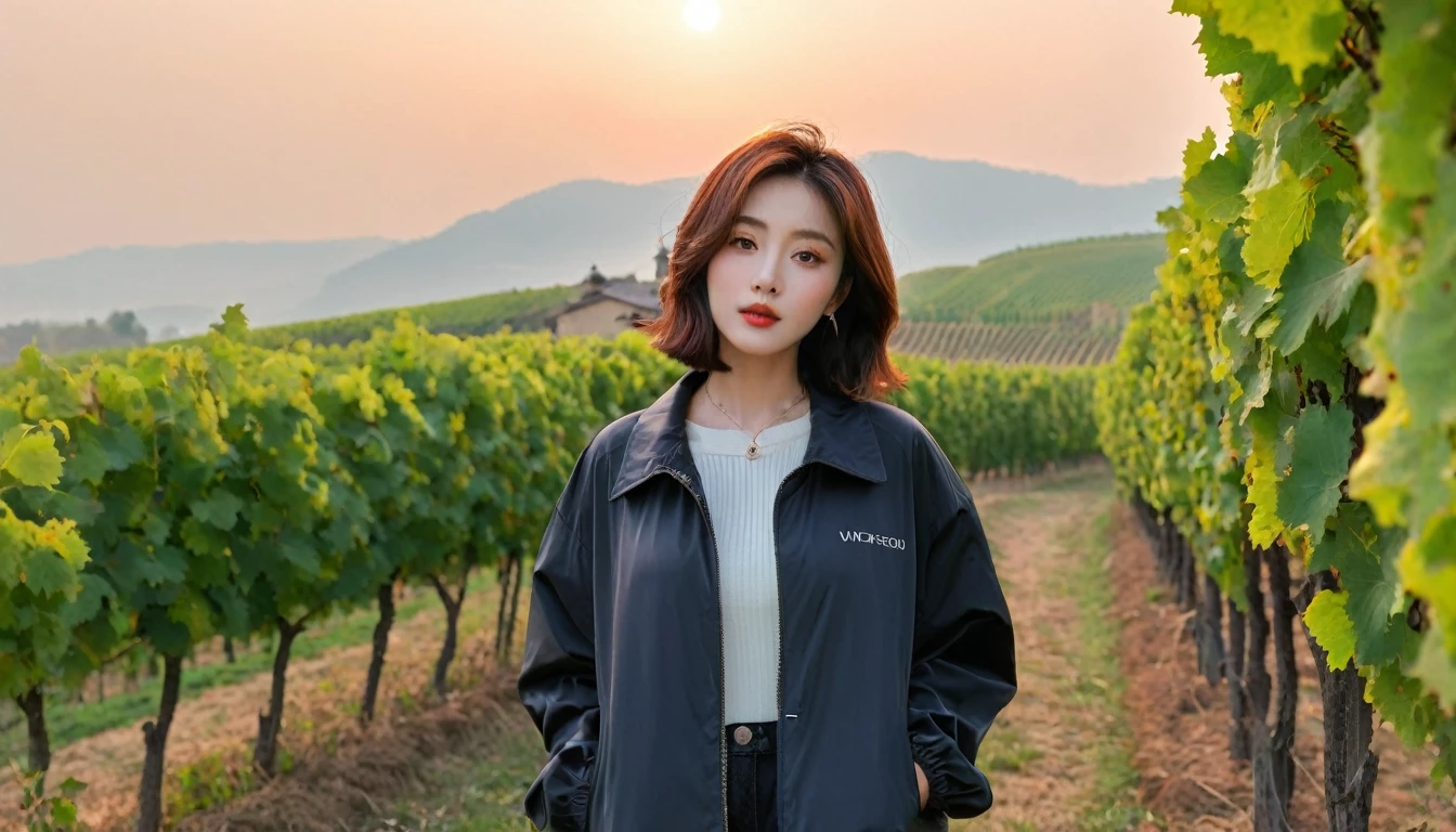 beautiful scenery, 8K Top Quality, Vivid picture quality, 1 woman, Beautiful 36-year-old Korean woman, Chest size 34 inches, Model-level beautiful woman, italian countryside dawn, vineyard, The cathedral can be seen in the distance in a thick fog.. Red sunshine, The background is realistic and vivid quality.., short medium bob hair, thin neck folder , Luxury brand windbreaker jacket, Perfect and realistic photos, The background is realistic.. Full body shot with Canon camera 16-35 wide angle lens, expressionless, 짙은 안개가 자욱한 포도원 언덕에서 vineyard을 내려다 보며,, Walking towards the front camera