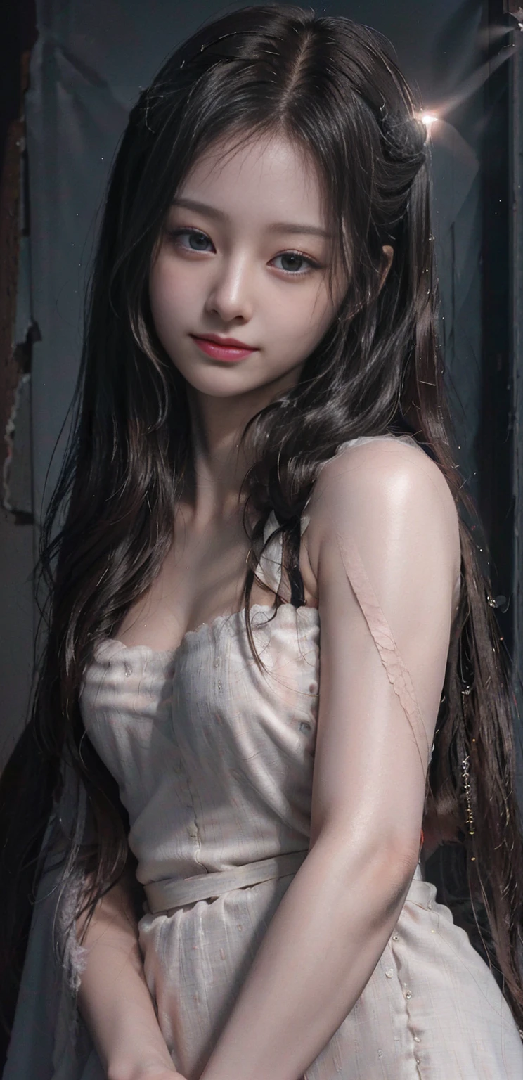 (RAW photo, best quality), ((Nostalgia,1980s syle)),(A girl with a literary atmosphere:1.2),(realistic, photo-realistic:1.3), extremely delicate and beautiful, Amazing, finely detail, masterpiece, ultra-detailed, highest,best illustration, best shadow,intricate,depth of field,(closeup portrait of a young beautiful woman:1.2),long hair,messy hair,((((low key,dark scene,dimly lit)))),(((soft lighting:1.4))),(pale skin:1.4),(shy smile),(cinematic angle),sharp focus, volumetric fog, 8k UHD, DSLR, high quality,( film grain:1.4), Fujifilm XT3,(looking at viewer), pale skin, (smile), (upper body)