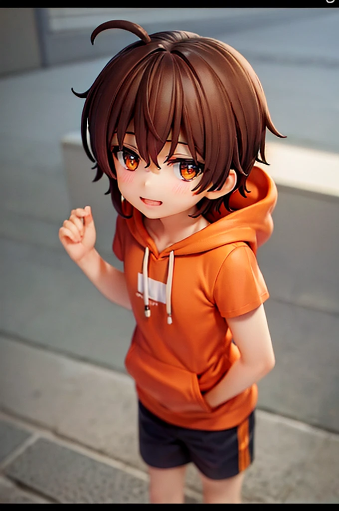 One boy,Brown Hair,11 years old,Shorts,Orange eyes,Hoodie with short sleeves,Drooping eyes,Wide Eyes,A little quirky hair,smile,Easygoing