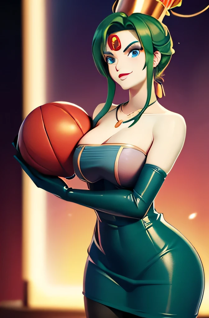 (masterpiece,best quality,ultra-delicate,Perfect Face,16k,high resolution,very beautiful woman), Atsugessho:1.3,deep green hair,blue latex bodycon dress, long latex gloves, green tights, large breasts,seductive pose:1.3, gold headpiece, pale blue skin, red gem on forehead, ((cosmetics counter)), holding large red ball on rope, necklace, smirk, (extremely glossy),cowboy shot