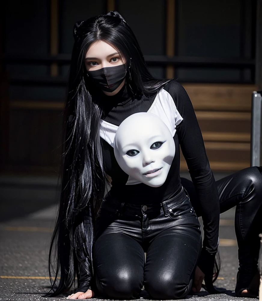 Woman, ghost face mask, long hair black, black t shirt with black long jeans pant, full body