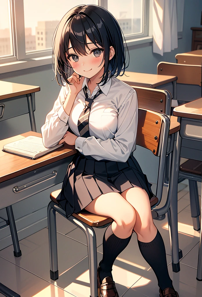 rating:safe, book, necktie, 1girl, striped necktie, desk, black hair, skirt, holding book, shoes, sweater vest, , sitting on desk, short hair, solo, sitting, kneehighs, striped, on desk, book stack, looking at viewer, indoors, long sleeves, smile, loafers, black legwear , blush, bangs, classroom, pleated skirt, school desk, holding, shirt, open book, black eyes, school chair, closed mouth, diagonal stripes, notebook, window