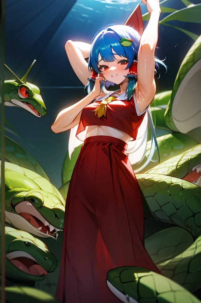Finger masturbation、Erotic、blush、Embarrassed、tits、Pussy、Wearing a blue and white sleeveless shrine maiden outfit、Like Reimu, her shoulders and armpits are exposed.。
A coin in hand(Okay)teeth、Moriya-shiki's unique design。
She wears snake and frog shaped hair ornaments.