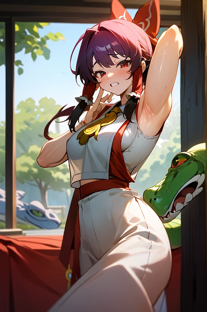 Finger masturbation、Erotic、blush、Embarrassed、tits、Pussy、Wearing a blue and white sleeveless shrine maiden outfit、Like Reimu, her shoulders and armpits are exposed.。
A coin in hand(Okay)teeth、Moriya-shiki's unique design。
She wears snake and frog shaped hair ornaments.