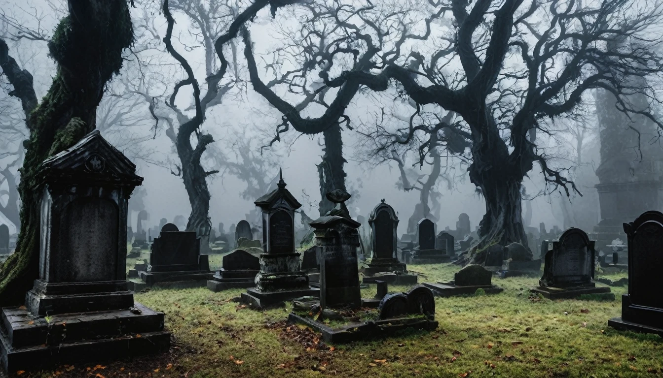A dark, foggy, and ancient graveyard with twisted trees and crumbling tombstones