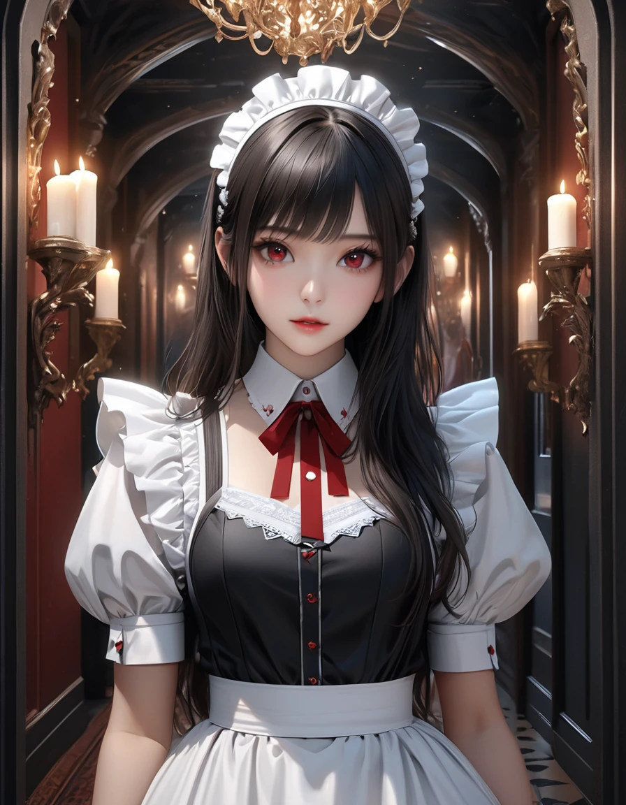 high quality, detailed, Realistic,(25 years old beautiful maid), (detailed dark red eyes), (black long hair),large beasts,(shiny skin),dark night palace corridor, candle,best quality,4k,8k,highres,masterpiece:1.2),ultra-detailed,(realistic,photorealistic,photo-realistic:1.37), looking at viewer,