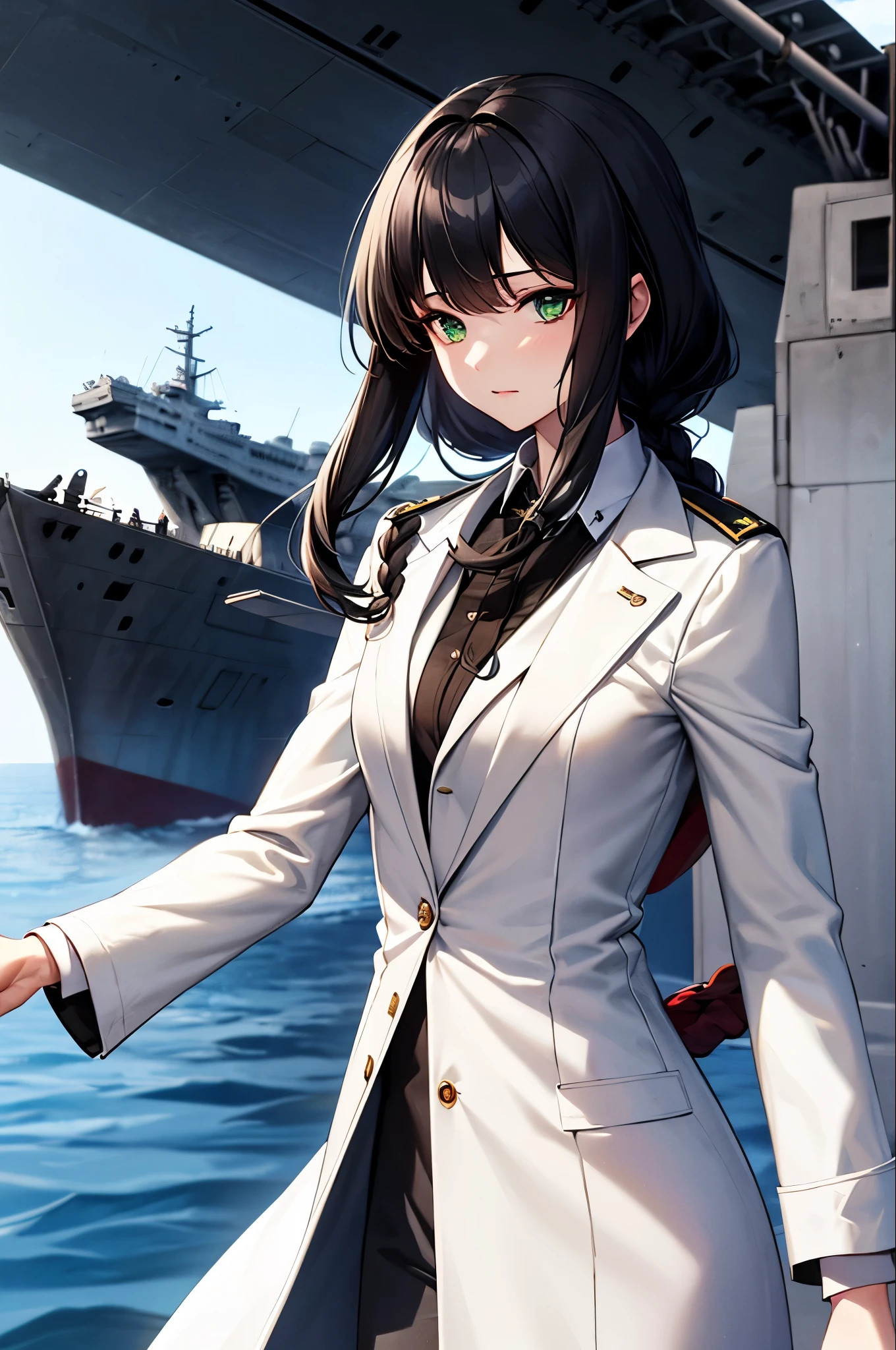 High resolution,woman,Small size,Black Hair,Double Braid Hairstyle,,Green Eyes,In formal attire,White coat,Dark look,warship,ship aircraft carrier, Futuristic, sf,  war