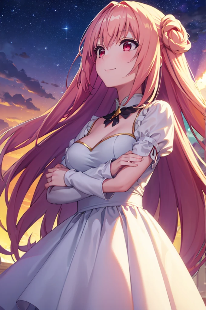 (masterpiece:1.3), (best quality:1.1), (8k, ultra detailed, ultra high res:1.2), ((anime style)), perfect 5 fingers, perfect anatomy, 
1girl,
BREAK long hair, whiet hair, 
red eyes, 
medium breasts, white dress, Opalescent dress, 
smile, 
looking up, 
upper body, 
standing, 
outdoor, outside, she is looking up at the starry sky, 