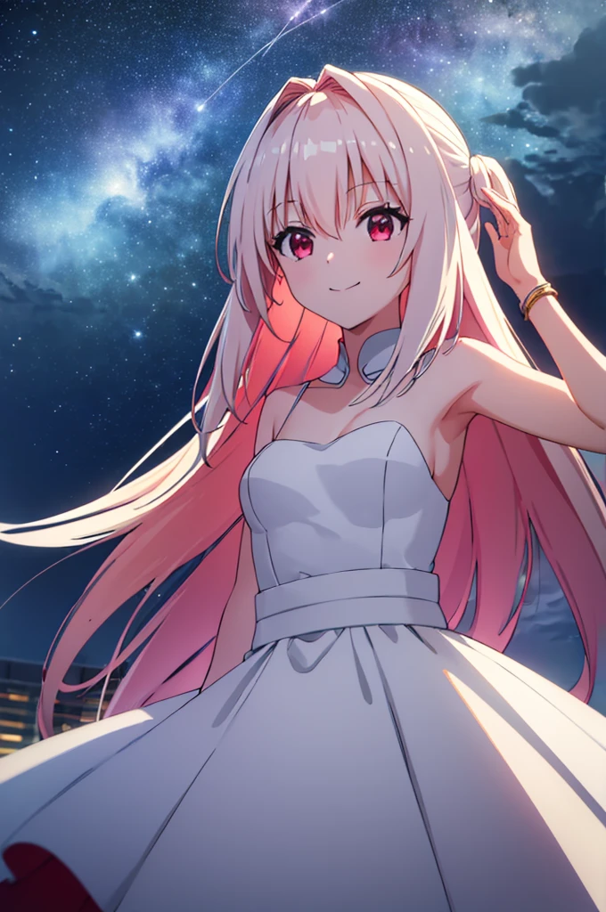 (masterpiece:1.3), (best quality:1.1), (8k, ultra detailed, ultra high res:1.2), ((anime style)), perfect 5 fingers, perfect anatomy, 
1girl,
BREAK long hair, whiet hair, 
red eyes, 
medium breasts, white dress, Opalescent dress, 
smile, 
looking up, 
upper body, 
standing, 
outdoor, outside, she is looking up at the starry sky, 