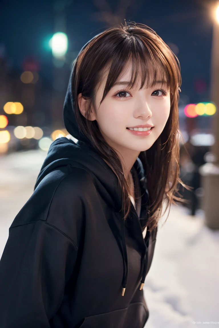 1 Girl, (Wear a black hoodie:1.2), (RAW Photos, highest qualthaty), (Realistic, Realistic:1.4), Tabletop, Very delicate and beautiful, Very detailed, 2k wallpaper, wonderful, finely, Very detailed CG Unthaty 8K 壁紙, Very detailed, High resolution, Soft Light, Beautiful detailed girl, Very detailed目と顔, Beautiful and sophisticated nose, finelyて美しい目, Cinema Lighting, Illuminations that light up the cthaty on a snowy night, Snow Scene, that&#39;that&#39;that&#39;it&#39;s snowing, Snow fell in my hair, Perfect Anatomy, Slender body, Was nervous, 
Straight semi-long hair, bangs, Looking at the audience, smile、Fluffy scarf