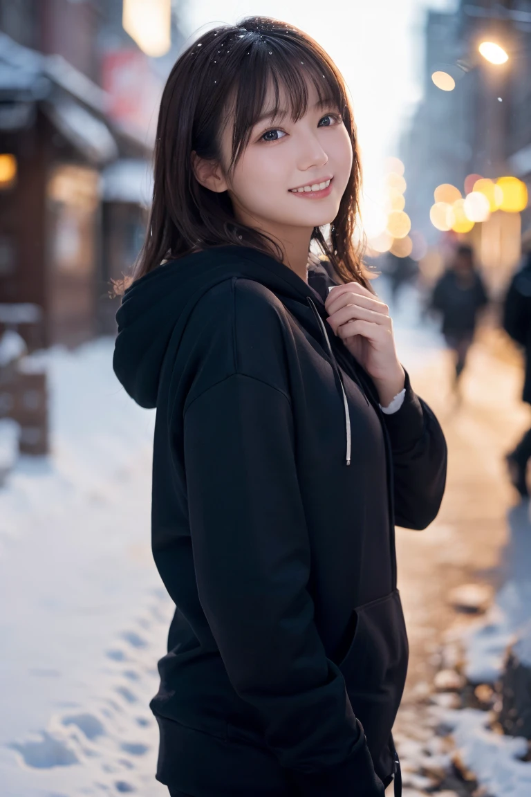 1 Girl, (Wear a black hoodie:1.2), (RAW Photos, highest qualthaty), (Realistic, Realistic:1.4), Tabletop, Very delicate and beautiful, Very detailed, 2k wallpaper, wonderful, finely, Very detailed CG Unthaty 8K 壁紙, Very detailed, High resolution, Soft Light, Beautiful detailed girl, Very detailed目と顔, Beautiful and sophisticated nose, finelyて美しい目, Cinema Lighting, Illuminations that light up the cthaty on a snowy night, Snow Scene, that&#39;that&#39;that&#39;it&#39;s snowing, Snow fell in my hair, Perfect Anatomy, Slender body, Was nervous, 
Straight semi-long hair, bangs, Looking at the audience, smile、Fluffy scarf