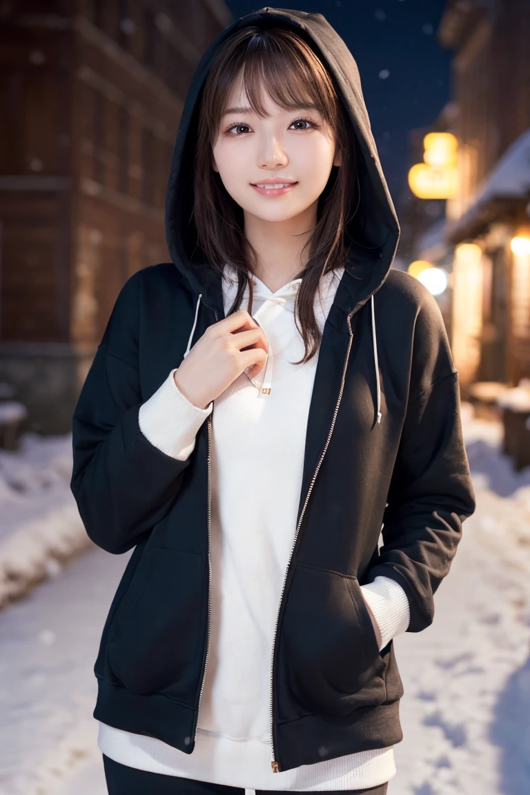 1 Girl, (Wear a black hoodie:1.2), (RAW Photos, highest qualthaty), (Realistic, Realistic:1.4), Tabletop, Very delicate and beautiful, Very detailed, 2k wallpaper, wonderful, finely, Very detailed CG Unthaty 8K 壁紙, Very detailed, High resolution, Soft Light, Beautiful detailed girl, Very detailed目と顔, Beautiful and sophisticated nose, finelyて美しい目, Cinema Lighting, Illuminations that light up the cthaty on a snowy night, Snow Scene, that'that'that'it's snowing, Snow fell in my hair, Perfect Anatomy, Slender body, Was nervous,
Straight semi-long hair, bangs, Looking at the audience, smile、Fluffy scarf