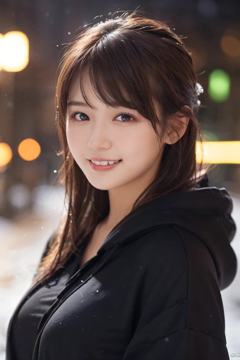 1 Girl, (Wear a black hoodie:1.2), (RAW Photos, highest qualthaty), (Realistic, Realistic:1.4), Tabletop, Very delicate and beautiful, Very detailed, 2k wallpaper, wonderful, finely, Very detailed CG Unthaty 8K 壁紙, Very detailed, High resolution, Soft Light, Beautiful detailed girl, Very detailed目と顔, Beautiful and sophisticated nose, finelyて美しい目, Cinema Lighting, Illuminations that light up the cthaty on a snowy night, Snow Scene, that'that'that'it's snowing, Snow fell in my hair, Perfect Anatomy, Slender body, Was nervous,
Straight semi-long hair, bangs, Looking at the audience, smile、Fluffy scarf