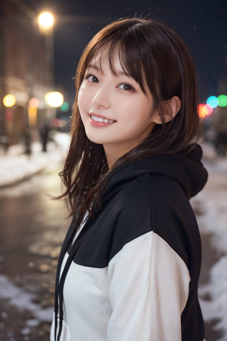 1 Girl, (Wear a black hoodie:1.2), (RAW Photos, highest qualthaty), (Realistic, Realistic:1.4), Tabletop, Very delicate and beautiful, Very detailed, 2k wallpaper, wonderful, finely, Very detailed CG Unthaty 8K 壁紙, Very detailed, High resolution, Soft Light, Beautiful detailed girl, Very detailed目と顔, Beautiful and sophisticated nose, finelyて美しい目, Cinema Lighting, Illuminations that light up the cthaty on a snowy night, Snow Scene, that'that'that'it's snowing, Snow fell in my hair, Perfect Anatomy, Slender body, Was nervous,
Straight semi-long hair, bangs, Looking at the audience, smile、Fluffy scarf