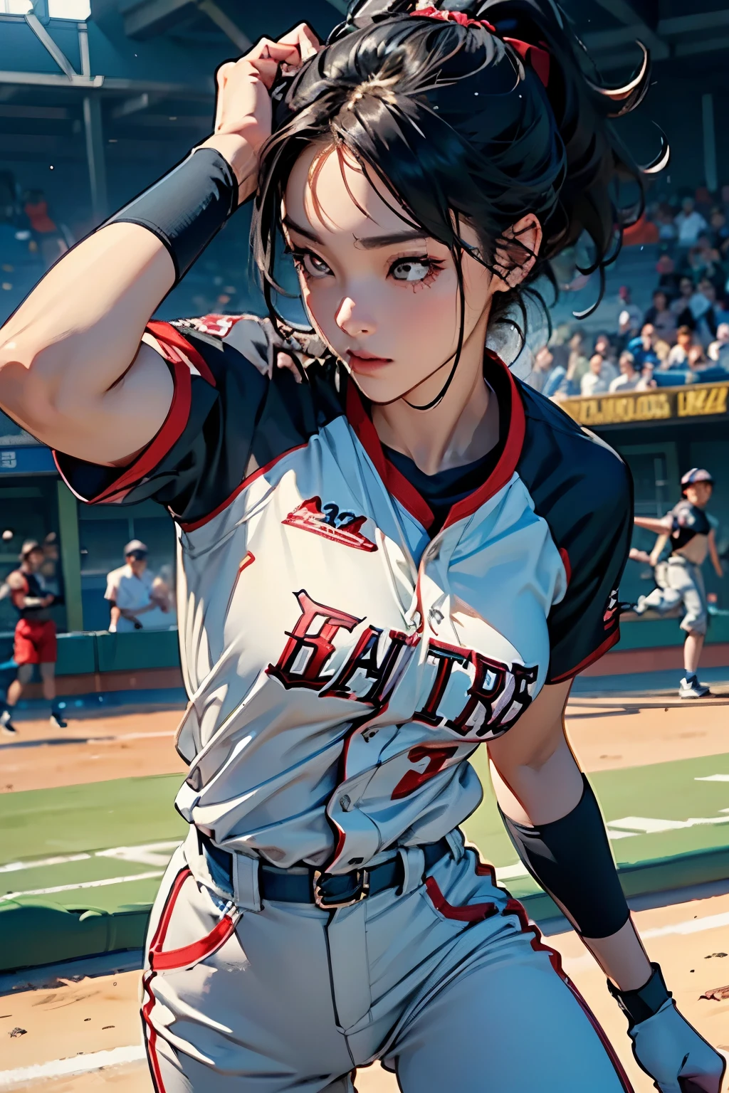 Female Baseball Playeratch highlights、(High jump catch:1.4)、Baseball Gloves、Baseball、dynamic、Full body close-up shot、Dynamic Scene、high detail shot, 非常にdetailedな公式アートワーク, 8Kdetailed, (detailed、masterpiece、Highest quality)、