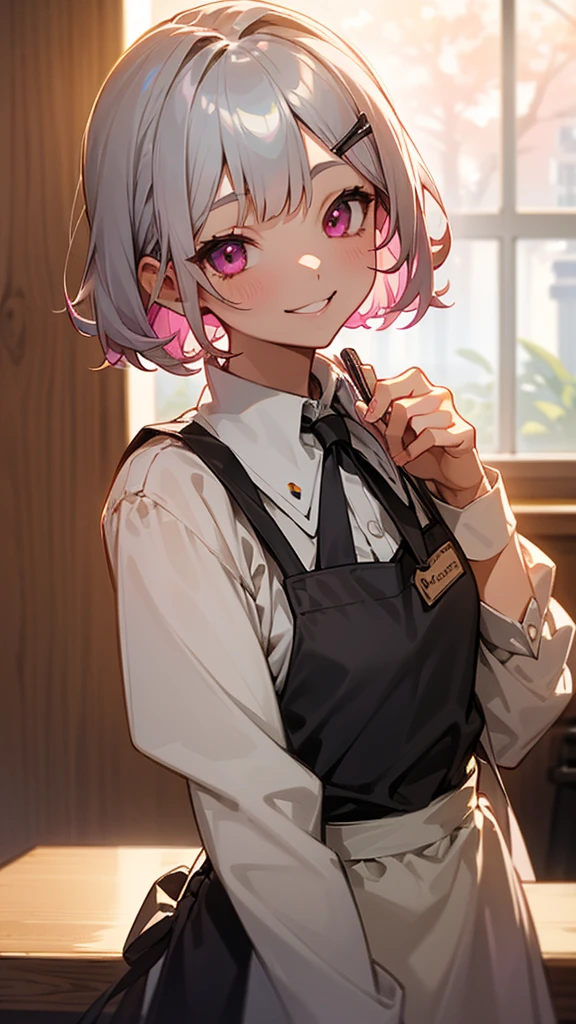 １girl、コーヒーショップで働くgirl、Wicked Smile、Upper body close-up、apron、Inside the coffee shop、Silver and bob short hairstyle、Tie your hair up with a hair clip、Pink Eyes、Perfect lighting、Warm colors