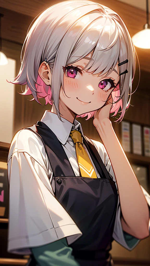 １girl、コーヒーショップで働くgirl、Wicked Smile、Upper body close-up、apron、Inside the coffee shop、Silver and bob short hairstyle、Tie your hair up with a hair clip、Pink Eyes、Perfect lighting、Warm colors