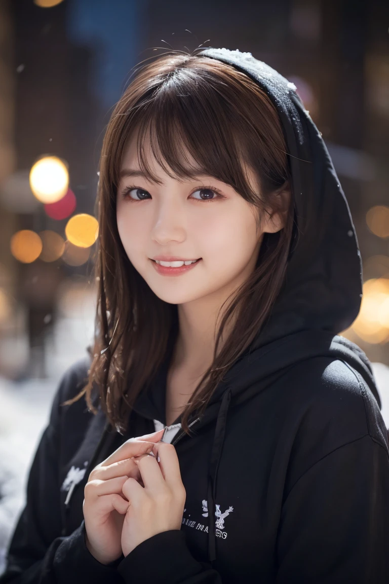 1 Girl, (Wear a black hoodie:1.2), (RAW Photos, highest qualthaty), (Realistic, Realistic:1.4), Tabletop, Very delicate and beautiful, Very detailed, 2k wallpaper, wonderful, finely, Very detailed CG Unthaty 8K 壁紙, Very detailed, High resolution, Soft Light, Beautiful detailed girl, Very detailed目と顔, Beautiful and sophisticated nose, finelyて美しい目, Cinema Lighting, Illuminations that light up the cthaty on a snowy night, Snow Scene, that'that'that'it's snowing, Snow fell in my hair, Perfect Anatomy, Slender body, Was nervous,
Straight semi-long hair, bangs, Looking at the audience, smile、Fluffy scarf