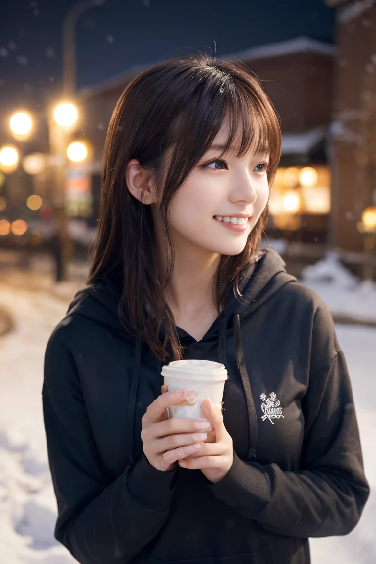 1 Girl, (Wear a black hoodie:1.2), (RAW Photos, highest qualthaty), (Realistic, Realistic:1.4), Tabletop, Very delicate and beautiful, Very detailed, 2k wallpaper, wonderful, finely, Very detailed CG Unthaty 8K 壁紙, Very detailed, High resolution, Soft Light, Beautiful detailed girl, Very detailed目と顔, Beautiful and sophisticated nose, finelyて美しい目, Cinema Lighting, Illuminations that light up the cthaty on a snowy night, Snow Scene, that'that'that'it's snowing, Snow fell in my hair, Perfect Anatomy, Slender body, Was nervous,
Straight semi-long hair, bangs, Looking at the audience, smile、Fluffy scarf