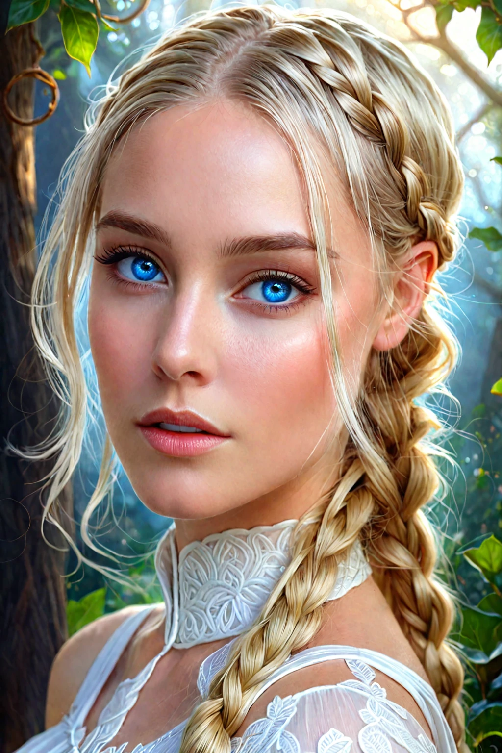 Blonde woman with blue eyes and braided hair wearing a white dress., detailed matte fantasy portrait, beautiful fantasy portrait, digital fantasy portrait, fantasy art portrait, beautiful fantasy art portrait, blonde braids and blue eyes, Portrait of very beautiful elf, beautiful digital painting, hyperrealistic fantasy art, awesome digital illustration, epic fantasy art portrait, hyperrealism. fantasy 4k, fantasy portrait