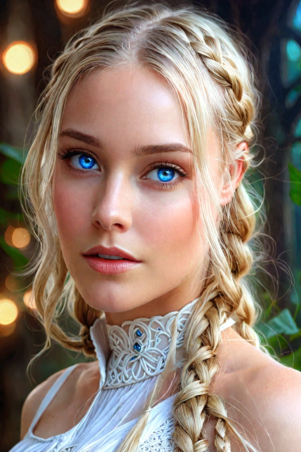 Blonde woman with blue eyes and braided hair wearing a white dress., detailed matte fantasy portrait, beautiful fantasy portrait, digital fantasy portrait, fantasy art portrait, beautiful fantasy art portrait, blonde braids and blue eyes, Portrait of very beautiful elf, beautiful digital painting, hyperrealistic fantasy art, awesome digital illustration, epic fantasy art portrait, hyperrealism. fantasy 4k, fantasy portrait