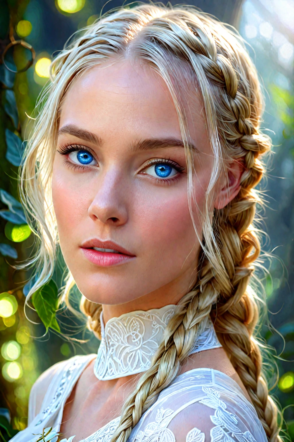 Blonde woman with blue eyes and braided hair wearing a white dress., detailed matte fantasy portrait, beautiful fantasy portrait, digital fantasy portrait, fantasy art portrait, beautiful fantasy art portrait, blonde braids and blue eyes, Portrait of very beautiful elf, beautiful digital painting, hyperrealistic fantasy art, awesome digital illustration, epic fantasy art portrait, hyperrealism. fantasy 4k, fantasy portrait