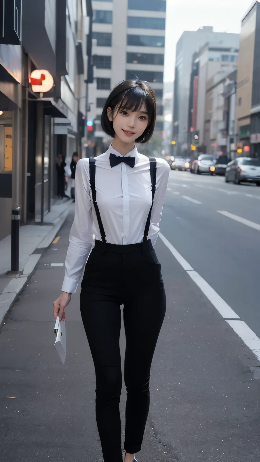 ((Collared shirt, suspenders, pants: )), (Clothes, Skinny jeans, suspenders under Collared shirt, A bow tie: , sneakers), ((In the city), ((A smile, Small breasts, slim, Small ass)), ((Japanese, 1 girl, 18 years old, Ideal body proportions, Black hair, With bangs, Small breasts, Erect nipples, slim, Small ass, Beautiful feet, Slender legs)), Surrealism, Cinematic lighting, (( Anatomically correct)), Textured skin, Super detail, High details, High quality, Awards, Best quality, High resolution, 8K, Front POV