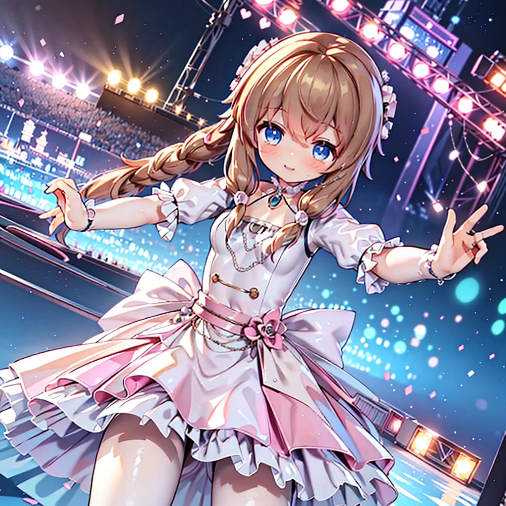 Solo girl, comical, kawaii, Blue eyes, light brown hair, back high twintails, front braids, princess dress, smile, front view, dance at the stage, neon and led lights, posing, sexy, high-resolution image, masterpiece, high quality, attractive eyes, ((dutch angle))