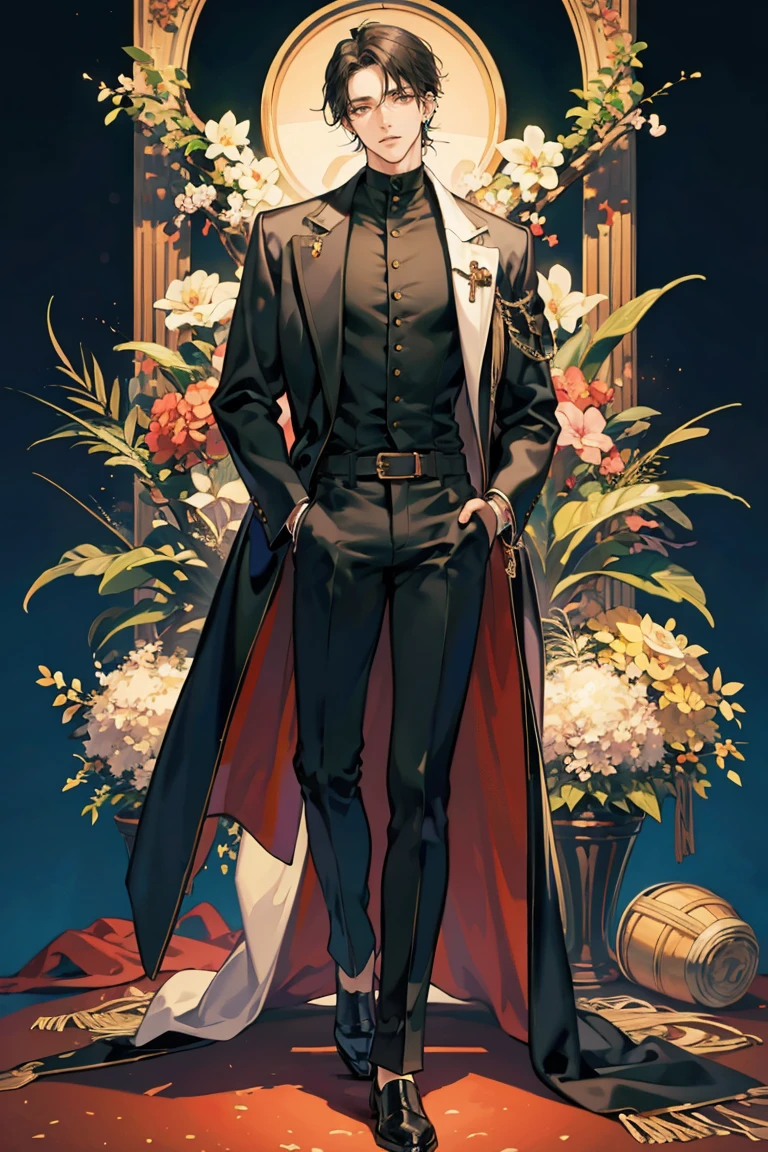 anime - (masterpiece), best quality, seductive eyes, perfect face, handsome man, brown eyes, long slicked back black hair, long nose, tan brown skin, volleyball jersey, black fitted pants, extremely tall man, long legs, long calves, full body, tall man, long legs, anime cover, 1boy, ear piercings, hands in pockets, adult-like look, luxury interior background
