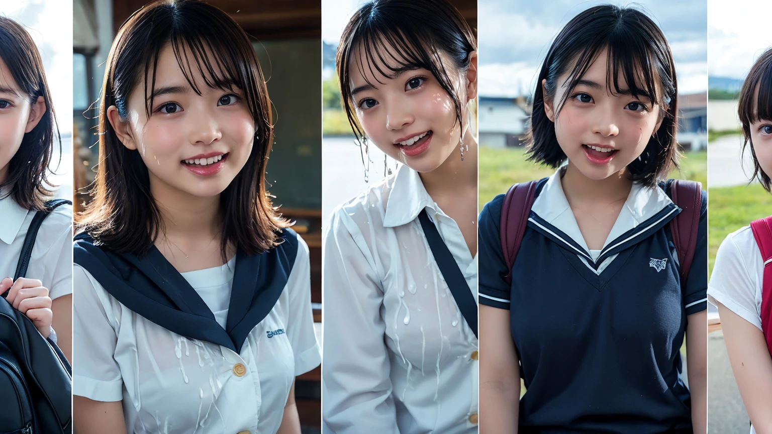 (２Split Photo:1.3)、Magazine Cover:1.3、Japanese,10 years old,Innocent face,Teenage Girl,cute,Primary school students,Private elementary school,uniform,Carrying a small red backpack,Summer clothes,Sitting、front、Cute smile、Laugh with your mouth wide open、((Semen dripping from the mouth:1.2))、Mouth full of semen:1.5、A lot of semen on the tongue、Thick semen、whole body、Full Body、Semen dripping from the genitals、You can see the nipples、Not wearing a bra