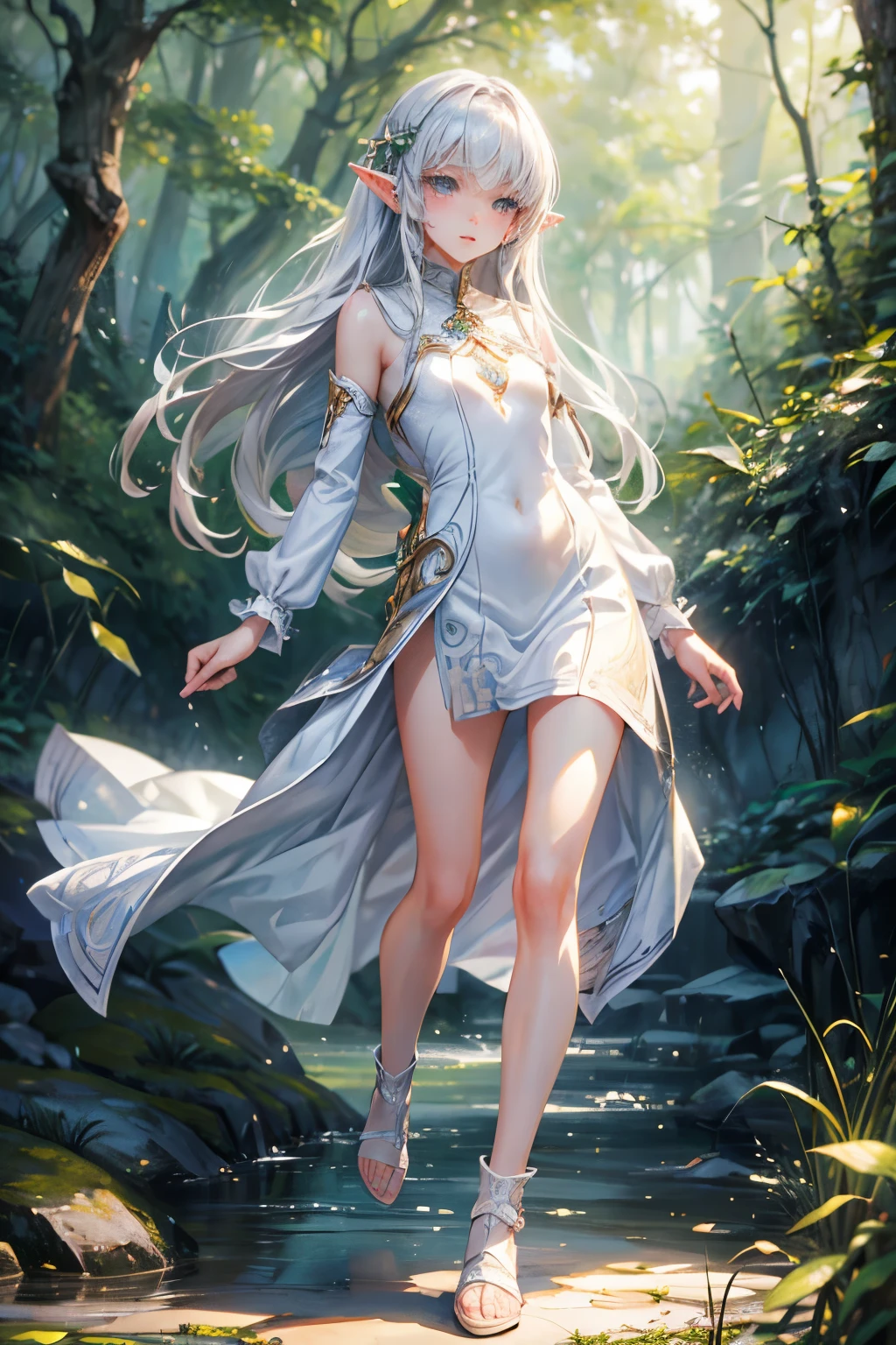 masterpiece,Highest quality,Very detailed,Running Elf Girl,Luxurious white dress, teenager,Long straight silver hair,Beautiful and detailed eyes,skinny,Small breasts, full body,Dynamic,Forest Lakeside