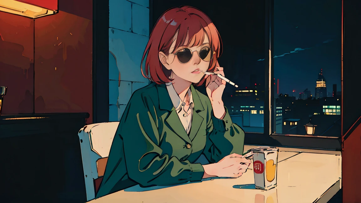 Beautiful redhead Asian girl sitting in a diner at night, Visible from the window, Perfect Face, sunglasses, Smoking white Taylormade cigarettes, Neon Black, (Backlit: 1.1), Hard Shadows, masterpiece, Highest quality, Complex, Model shooting style, Vintage, Film Grain, Incomplete details