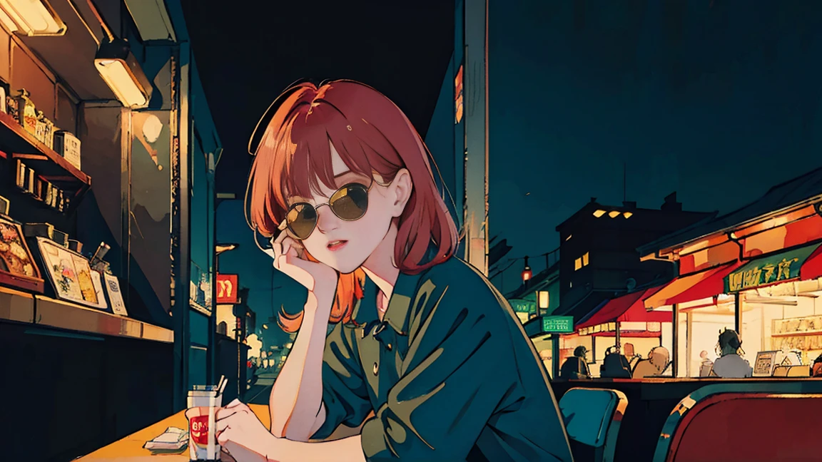 Beautiful redhead Asian girl sitting in a diner at night, Visible from the window, Perfect Face, sunglasses, Smoking white Taylormade cigarettes, Neon Black, (Backlight: 1.1), Hard Shadows, masterpiece, Highest quality, Complex, Model shooting style, Vintage, Film Grain, Incomplete details,